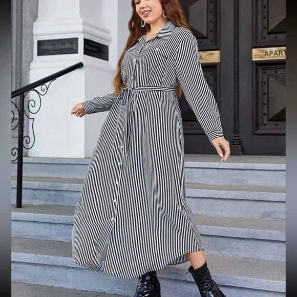 Classic Stripe Print Button Down Shirt Belted Dress | Color: Black/White | Size: 16 | Dolldoll7800'S Closet